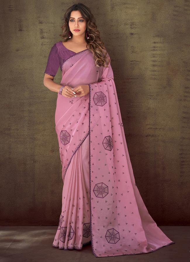 Zari Organza Pink Party Wear Embroidery Work Saree